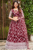 Wine Maroon Resham Embroidered Net Flared Style Lehenga 