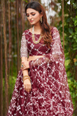 Wine Maroon Resham Embroidered Net Flared Style Lehenga 