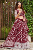 Wine Maroon Resham Embroidered Net Flared Style Lehenga 