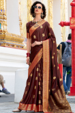 Wine Maroon Satin Silk Saree With Weaved Work For Diwali