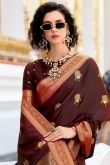 Wine Maroon Satin Silk Saree With Weaved Work For Diwali