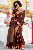 Wine Maroon Satin Silk Saree With Weaved Work For Diwali