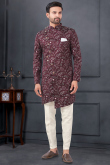 Wine Maroon Silk Men's Resham Embroidered Asymmetrical Sherwani 