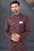 Wine Maroon Silk Men's Resham Embroidered Asymmetrical Sherwani 