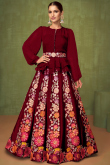 Wine Maroon Silk Panelled Embroidered Lehenga