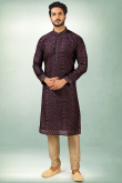 Wine Maroon Silk Printed Men Kurta Churidar