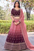 Wine Maroon Tissue Silk Flared Style Lehenga with Printed Work