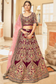 Wine Maroon Velvet Embroidered Panelled Style Lehenga 