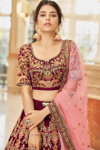 Wine Maroon Velvet Embroidered Panelled Style Lehenga 