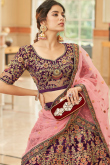 Wine Maroon Velvet Embroidered Panelled Style Lehenga 