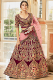 Wine Maroon Velvet Embroidered Panelled Style Lehenga 