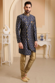 Woven Brocade Navy Blue Men Sherwani