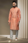 Woven Brocade Salmon Orange Men Kurta Churidar