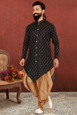 Woven Cotton Silk Dark Black Men's Sherwani