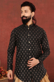 Woven Cotton Silk Dark Black Men's Sherwani