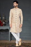 Cream Beige Jacquard Traditional Men Sherwani