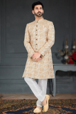 Cream Beige Jacquard Traditional Men Sherwani