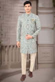 Woven Jacquard Dusty Green Men Sherwani