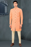 Woven Jacquard Peach Men Sherwani