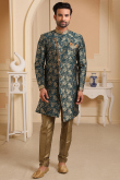 Woven Jacquard Teal Green Men Sherwani for Wedding & Party
