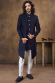 Woven Printed Silk Navy Blue Men Sherwani