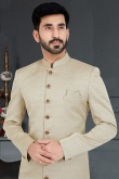 Woven Raw Silk Light Beige Men's Sherwani