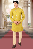 Woven Raw Silk Mustard Yellow Men Sherwani