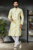 Woven Silk Pale Yellow Men's Sherwani