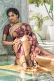 Zari Work Party Wear Saree in Wine Maroon Banarasi Silk