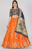 Woven Zari Carrot Orange Panelled Style Lehenga