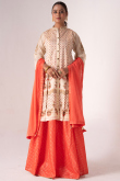 Woven Zari Coral Peach Cotton A Line Lehenga