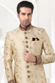 Woven Zari Embroidered Banarasi Silk Cream Men's Sherwani