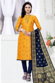 Woven Zari Embroidered Soft Silk Mustard Yellow Churidar Suit
