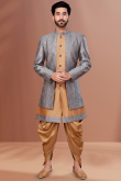 Woven Zari Grey Dupion Silk Men Sherwani