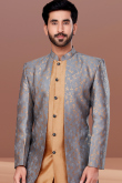 Woven Zari Grey Dupion Silk Men Sherwani
