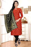 Woven Zari Jacquard Cherry Red Churidar Suit