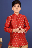 Elegant Woven Zari Jacquard Chilli Red Kids' Sherwani
