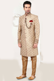 Cream Beige Achkan Jacquard Men Sherwani for Party 