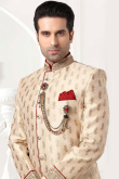 Cream Beige Achkan Jacquard Men Sherwani for Party 