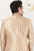 Cream Beige Achkan Jacquard Men Sherwani for Party 