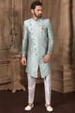 Woven Zari Jacquard Powder Blue Men Sherwani