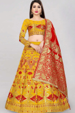 Woven Zari Mustard Yellow Silk A-line Lehenga 