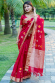 Woven Zari Ruby Red Linen Light Weight Saree