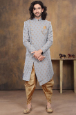 Woven Zari Silk Light Grey Men Sherwani