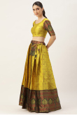Woven Zari Silk Pear Yellow Pleated Lehenga 