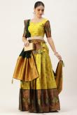 Woven Zari Silk Pear Yellow Pleated Lehenga 