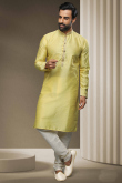 Yellow Brocade Woven Men Kurta Churidar