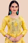 Yellow Straight Cut Party Wear Churidar Suit in Chanderi