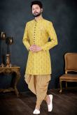 Yellow Jacquard Men Woven Zari Sherwani