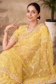 Yellow sequins Embroidered Light Weight Net Saree 